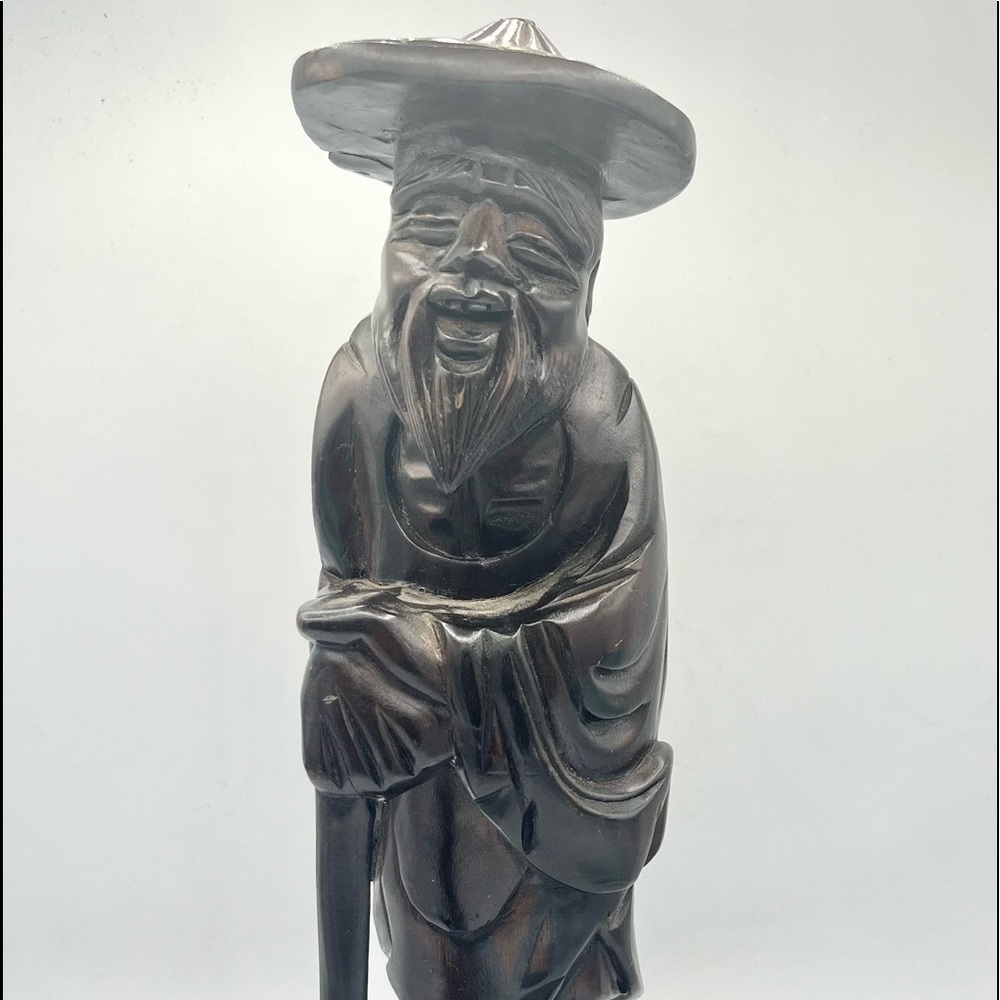 VINTAGE 12" LARGE WOOD CARVED JAPANESE ELDER WITH RICE‎ HAT ANTIQUE EUC